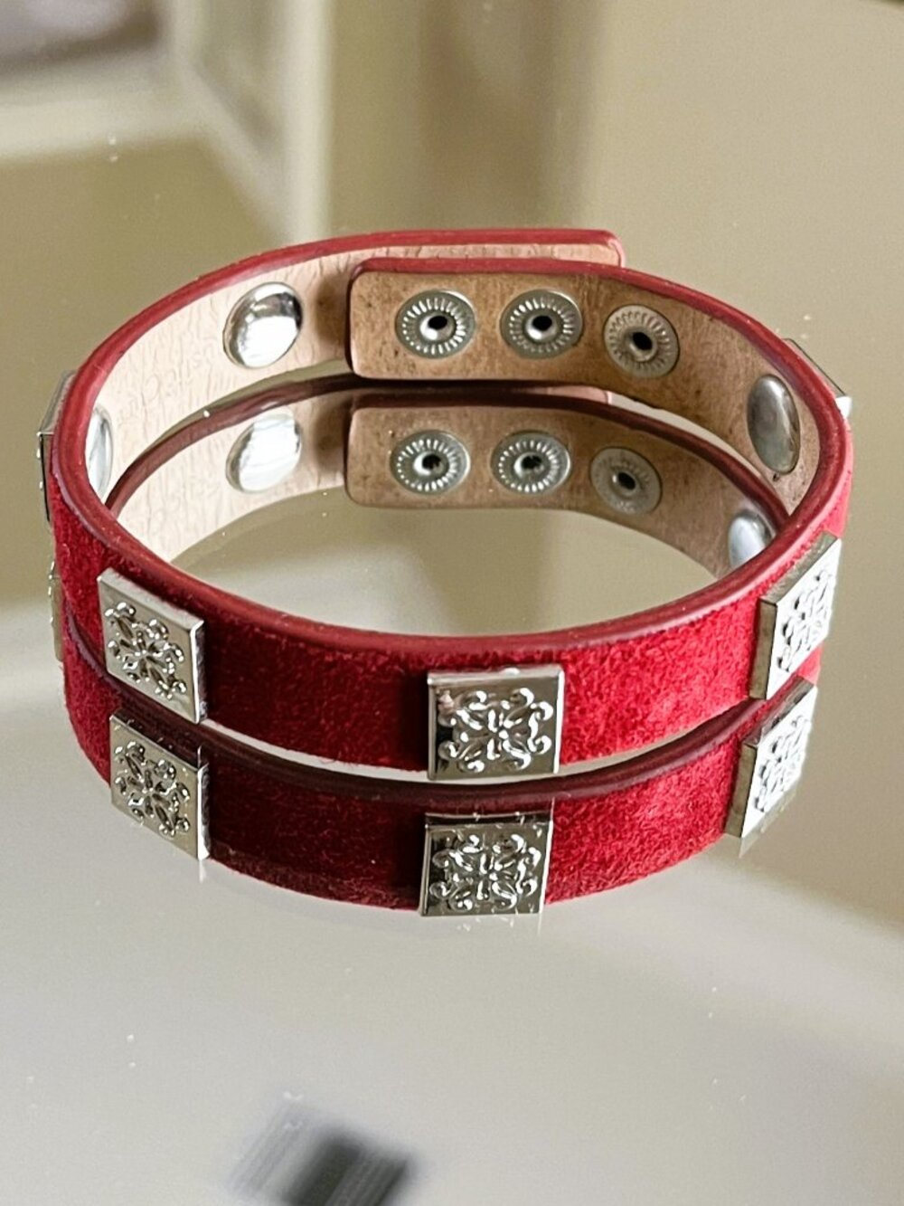 Rustic Cuff Red /sueded Single Wrap Leather Logo Bracelet